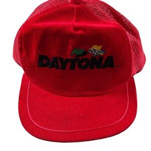 Vintage Daytona Racing Corduroy‎ Trucker Hat Red NASCAR Checkered Flag